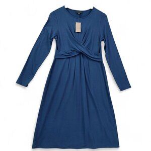 J Jill Wearever Dress XS Blue Long Sleeve Twist Front Midi Rayon Office Career
